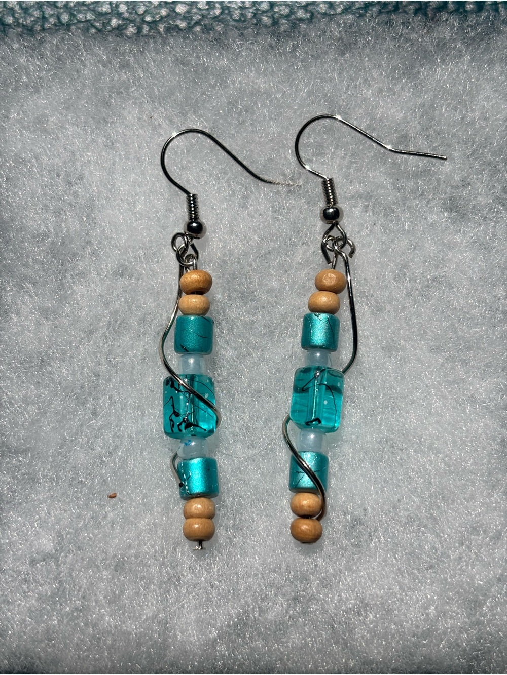 Teal Bead Dangle Earrings with Wooden Accents